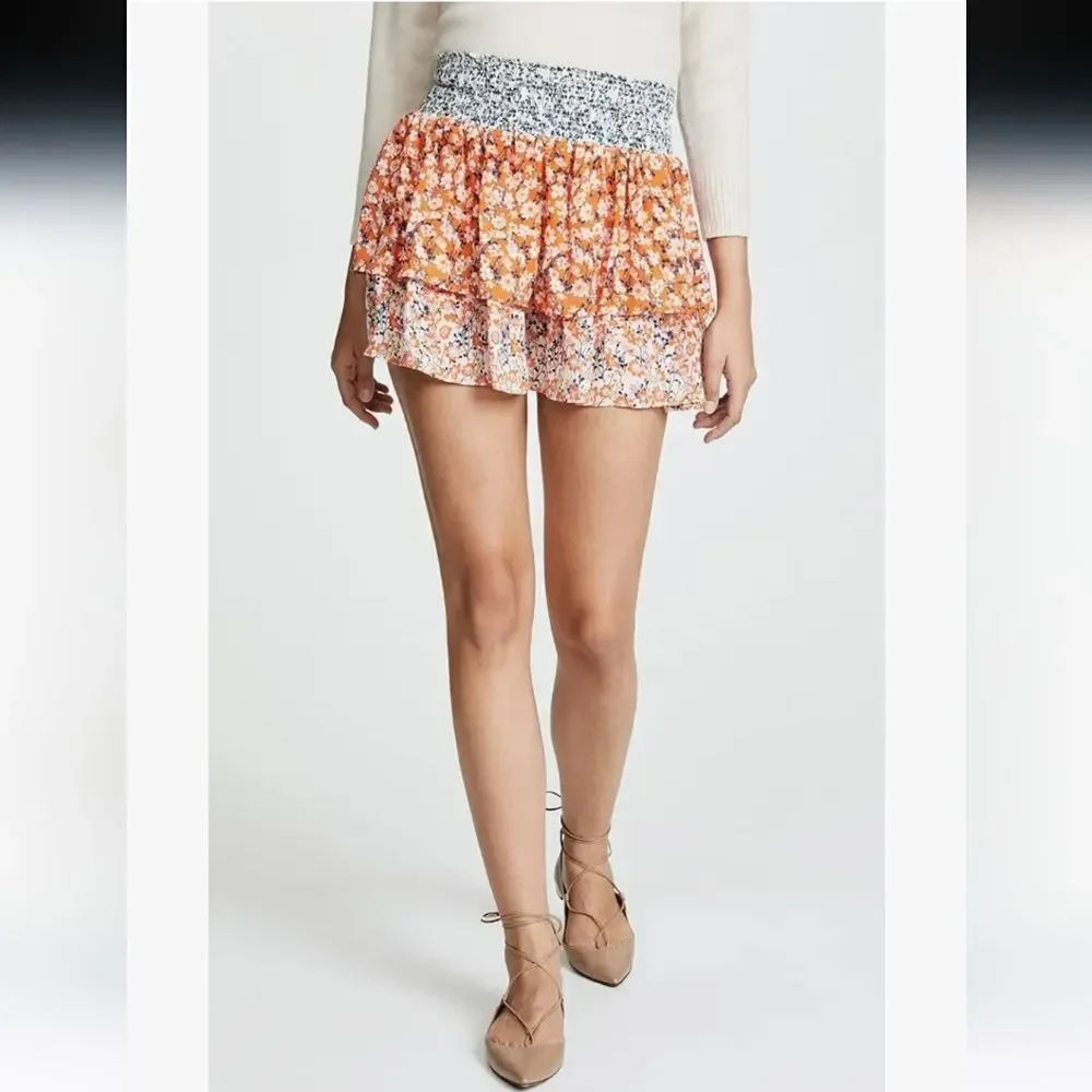 Ramy Brook Printed Annabelle Orange Floral Mini Skirt 100% Silk Size XS